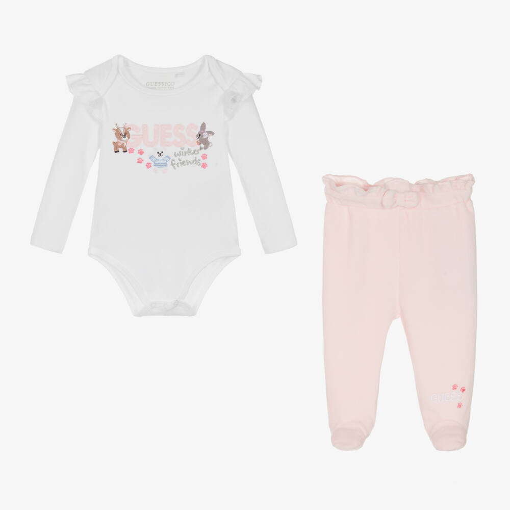 Guess-طقم أفرول قطن لون زهري وأبيض | Childrensalon Outlet