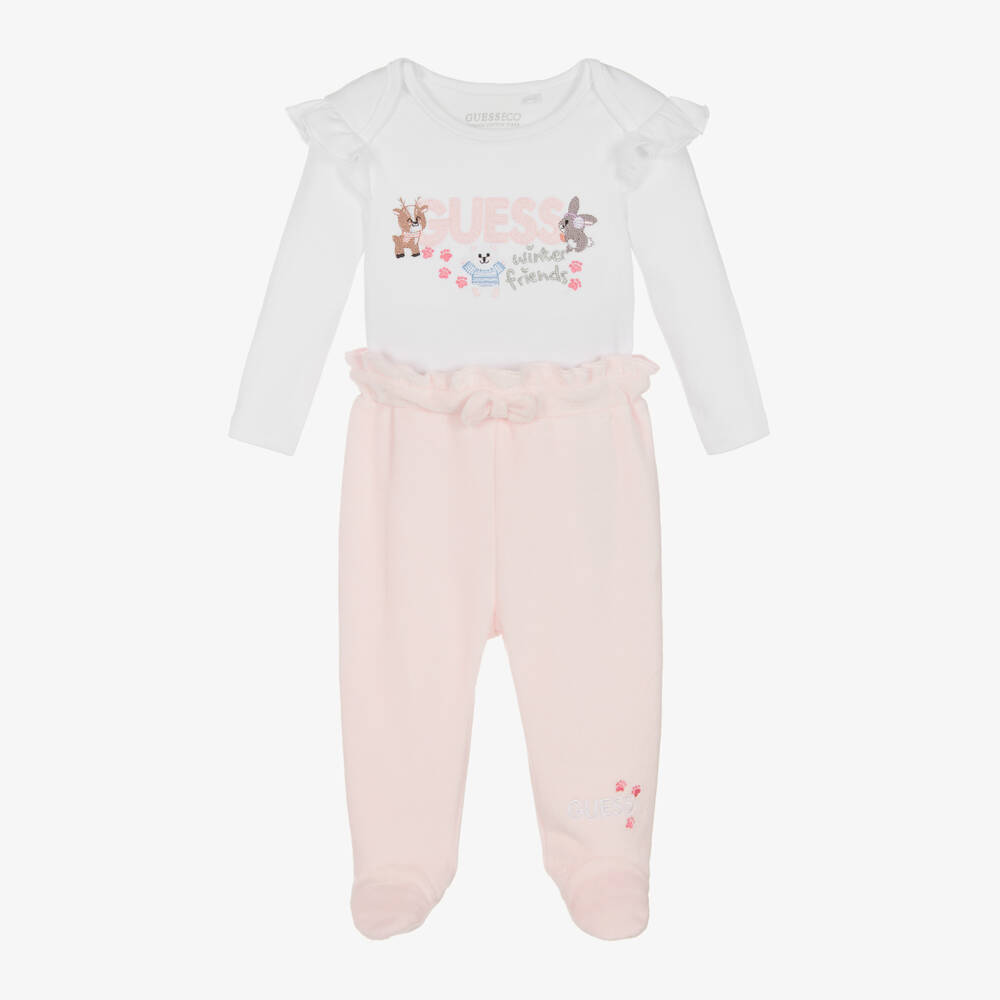 Guess-Girls Soft Pink and White Babysuit Set | Childrensalon Outlet