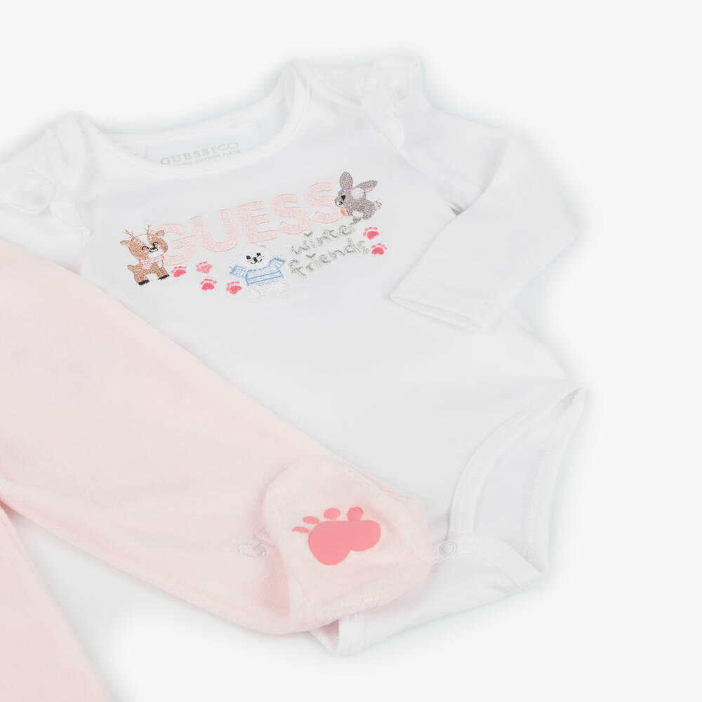 Guess-طقم أفرول قطن لون زهري وأبيض | Childrensalon Outlet