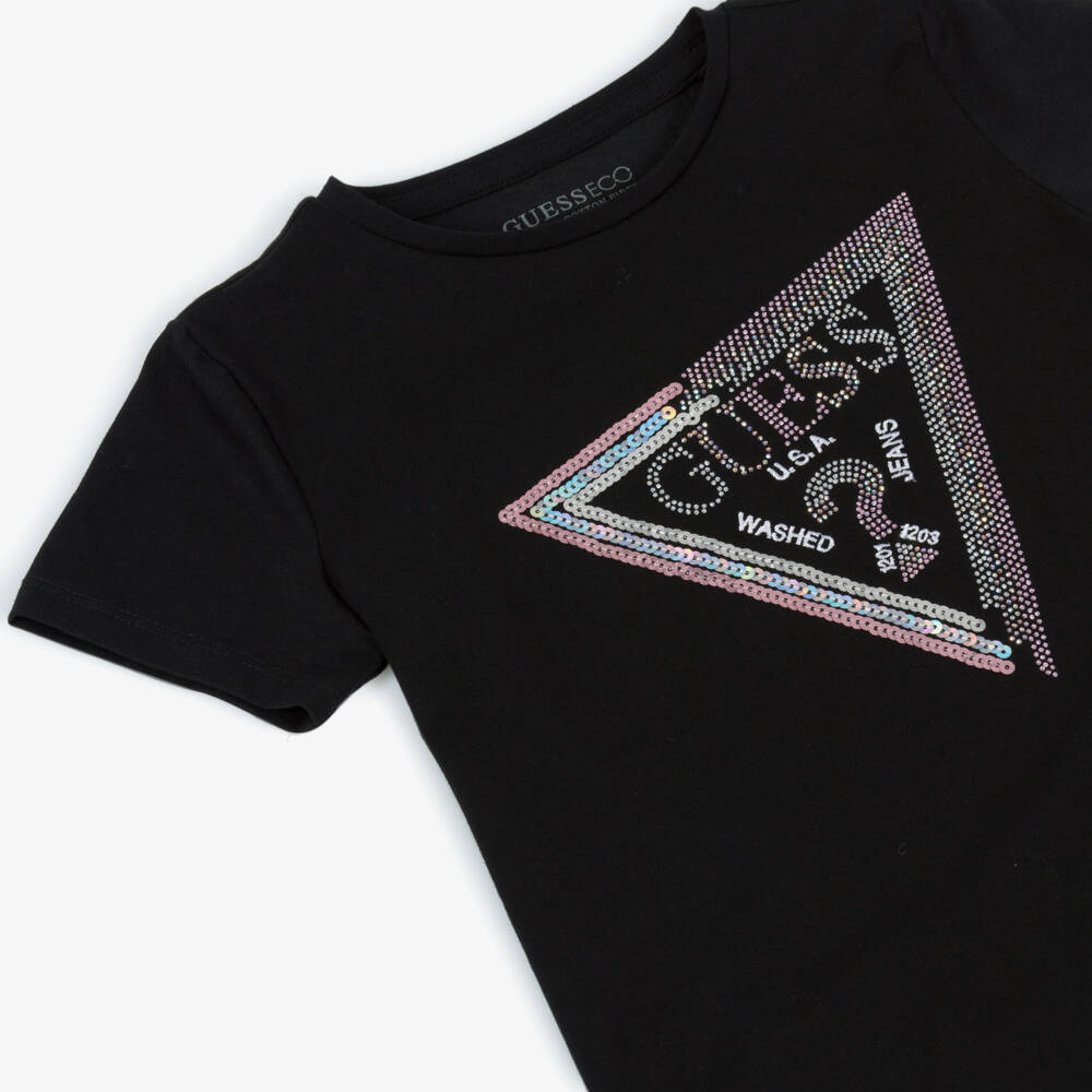 Guess-Блестящая черная хлопковая футболка для девочек | Childrensalon Outlet