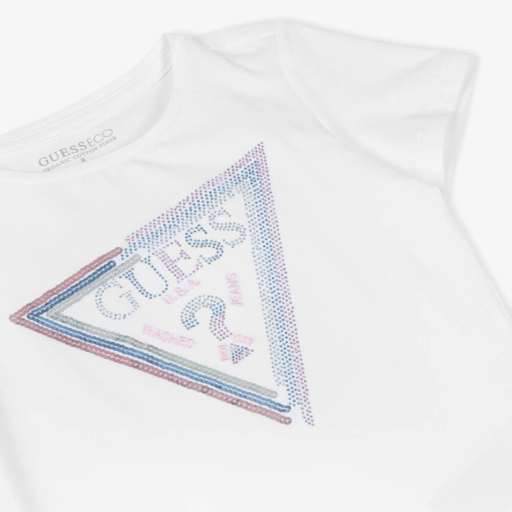 Guess-Girls Sparkling White Cotton Tee | Childrensalon Outlet