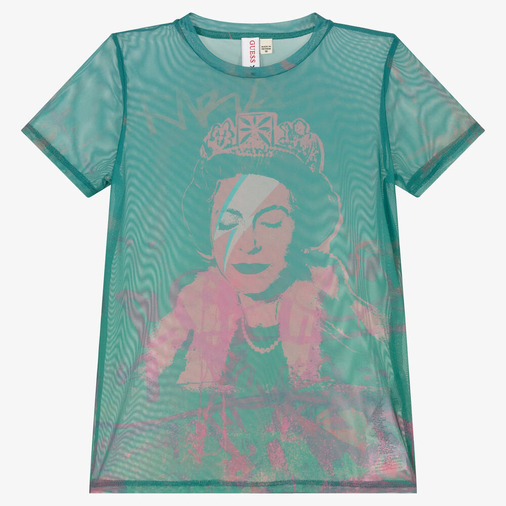 Guess - Girls Teal Blue Mesh Banksy T-Shirt | Childrensalon