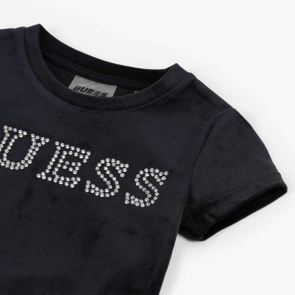 Guess-Girls Velour Black Logo Tee | Childrensalon Outlet
