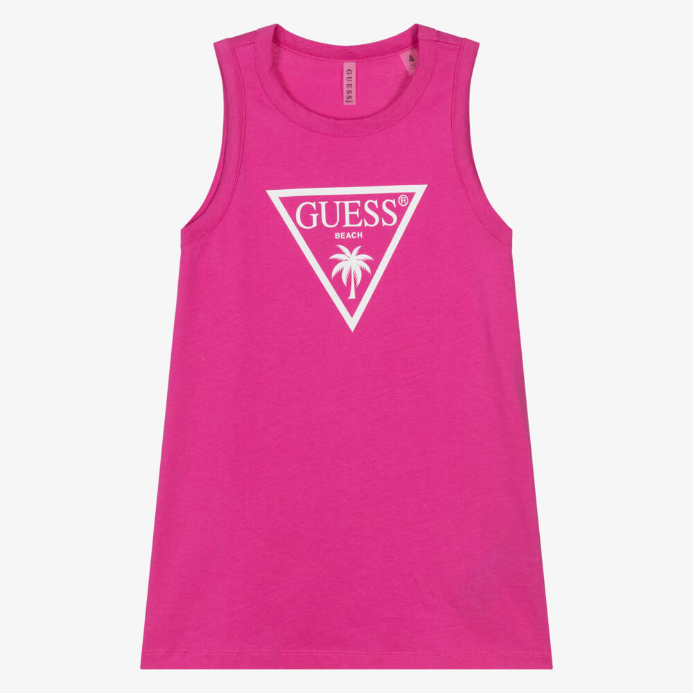 Guess-Girls Vibrant Pink Logo Cotton Dress | Childrensalon Outlet