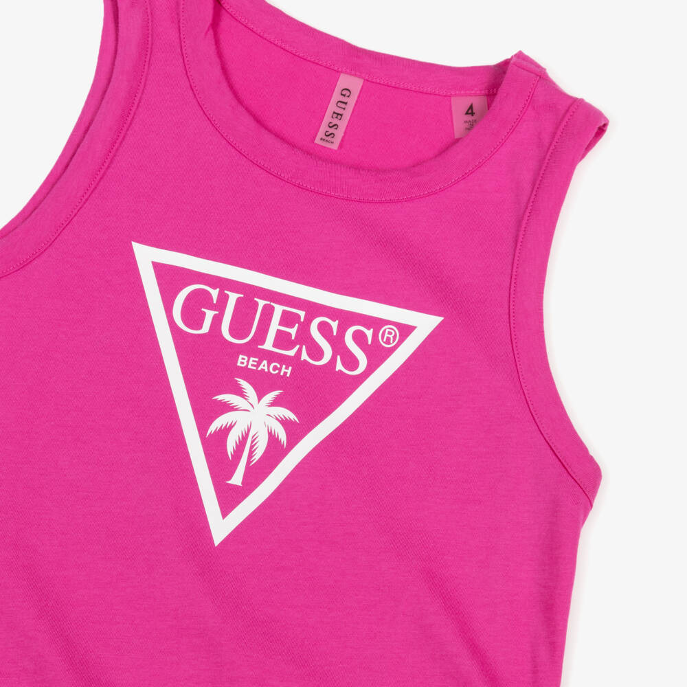 Guess-Girls Vibrant Pink Logo Cotton Dress | Childrensalon Outlet