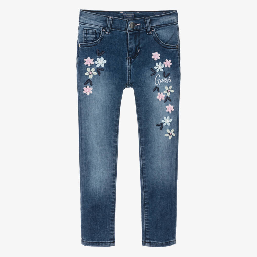 Guess-Girls Washed Blue Denim Jeans with Floral Embroidery | Childrensalon Outlet