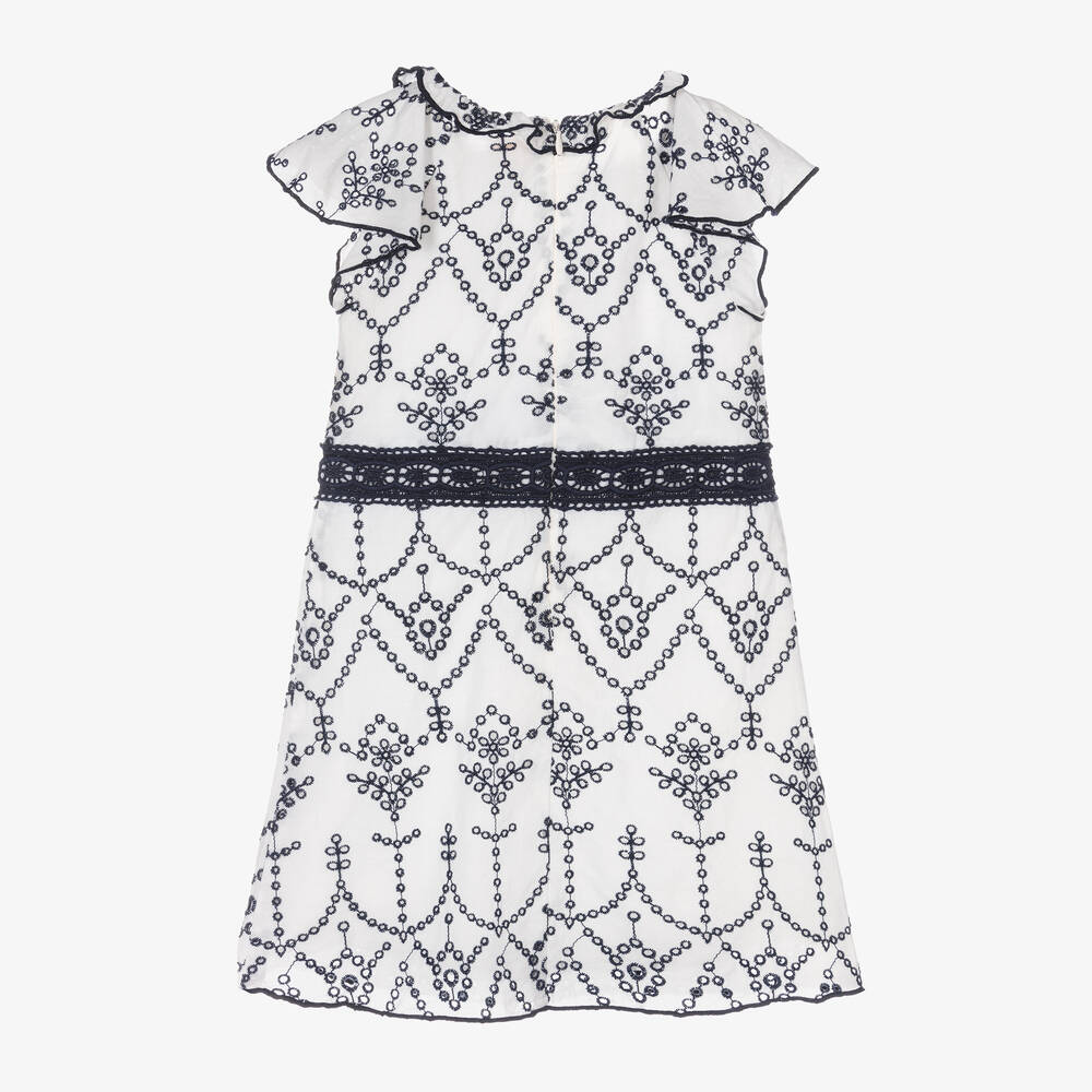 Guess-Girls White & Blue Cotton Broderie Dress | Childrensalon Outlet