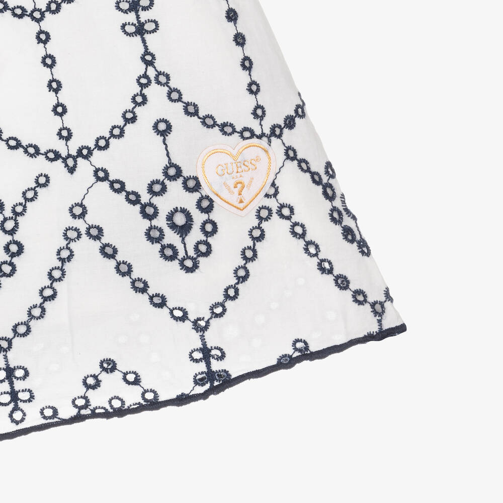 Guess-Girls White & Blue Cotton Broderie Dress | Childrensalon Outlet
