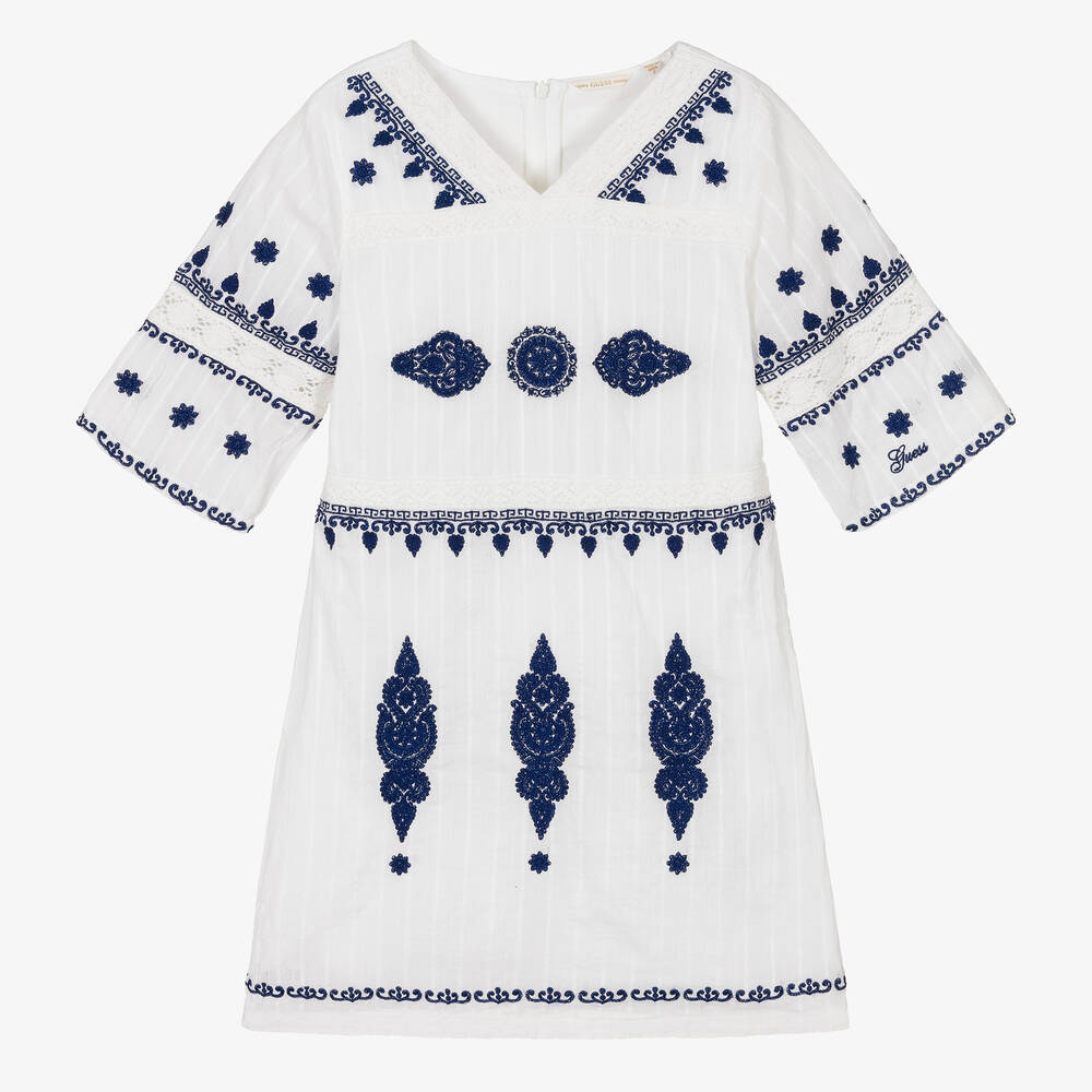 Guess - Girls White & Blue Cotton Dress | Childrensalon