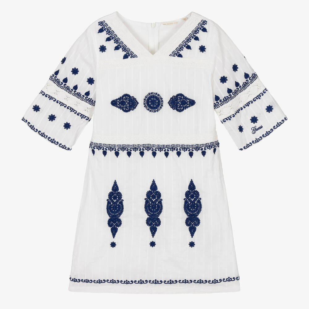 Guess-Girls White & Blue Cotton Dress | Childrensalon Outlet