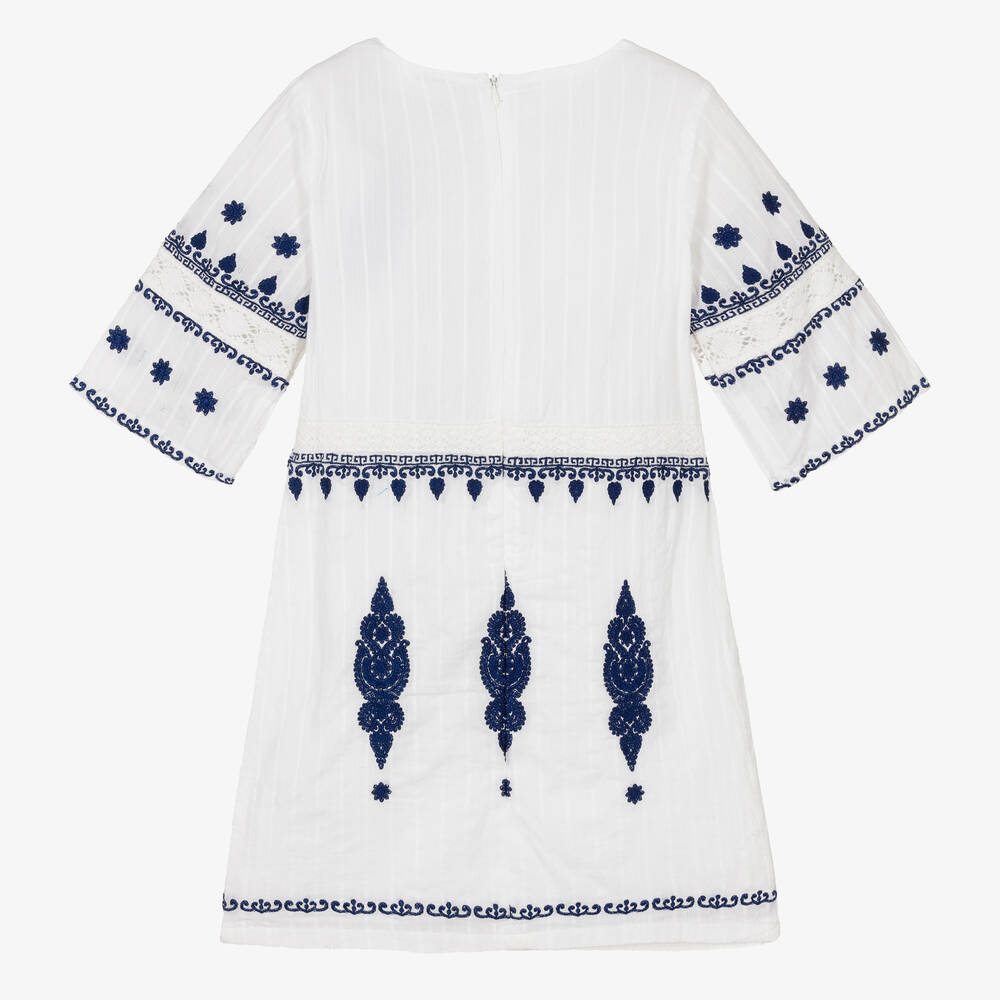 Guess-Girls White & Blue Cotton Dress | Childrensalon Outlet