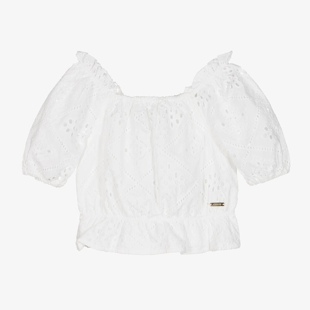 Guess - Girls White Broderie Anglaise Blouse | Childrensalon