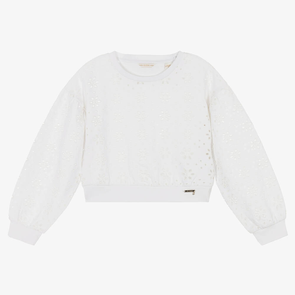 Guess - Girls White Broderie Anglaise Sweatshirt | Childrensalon