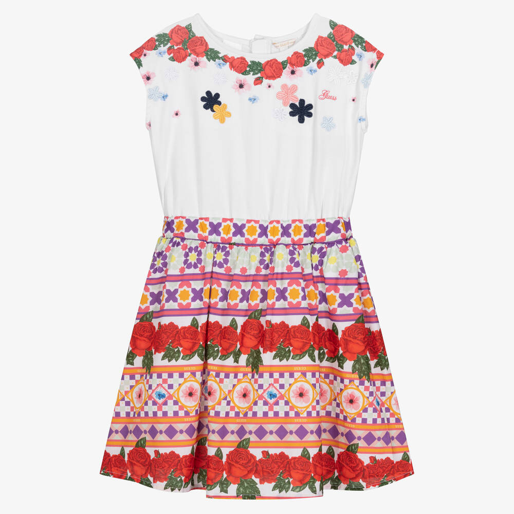 Guess - Girls White & Colourful Print Cotton Dress | Childrensalon