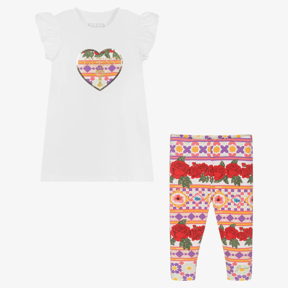 Guess-Girls White & Colourful Print Leggings Set | Childrensalon Outlet