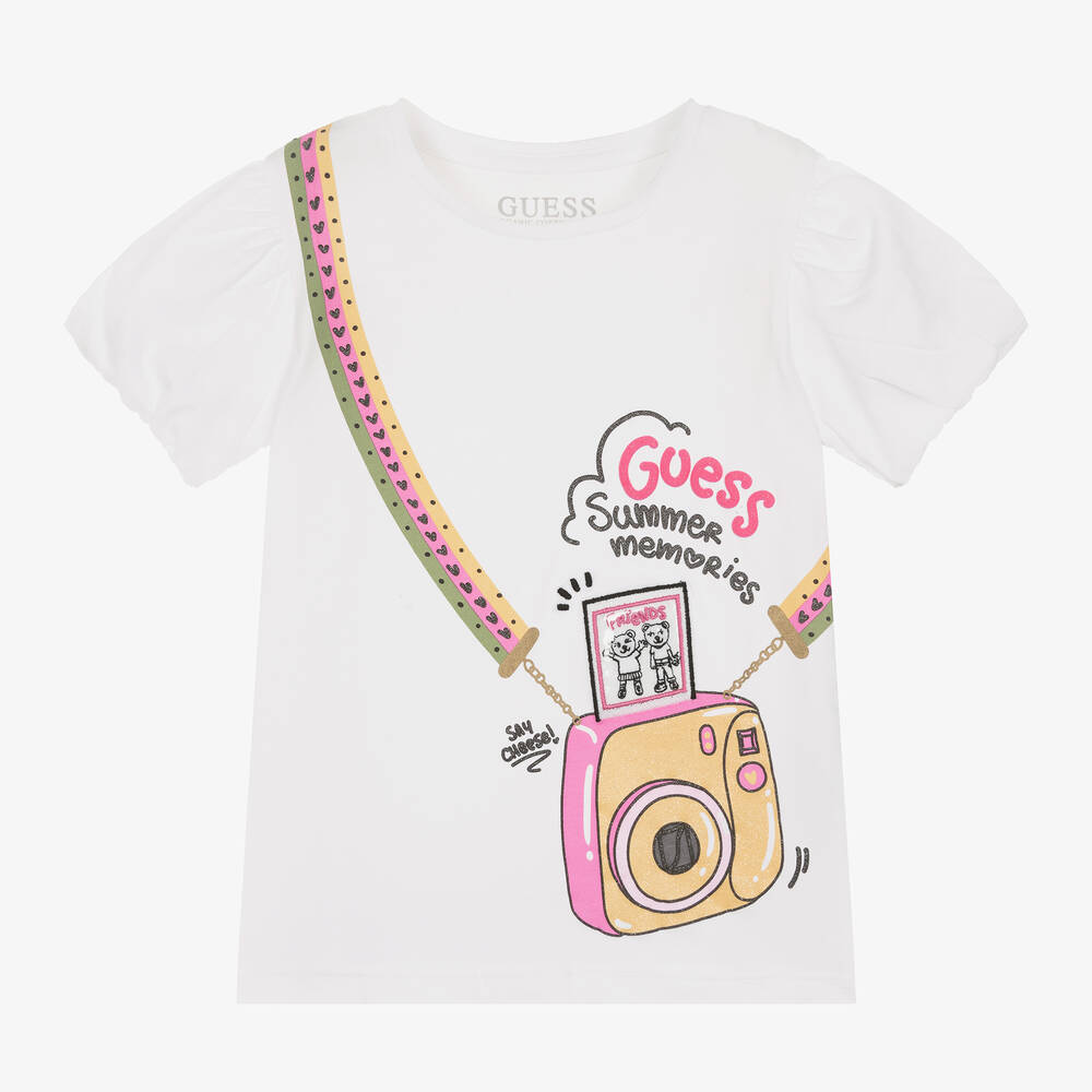Guess-Girls White Cotton Camera T-Shirt | Childrensalon Outlet