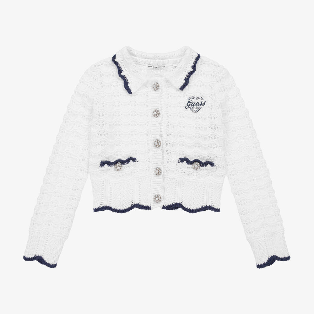 Guess-Белый хлопковый кардиган кроше для девочек | Childrensalon Outlet