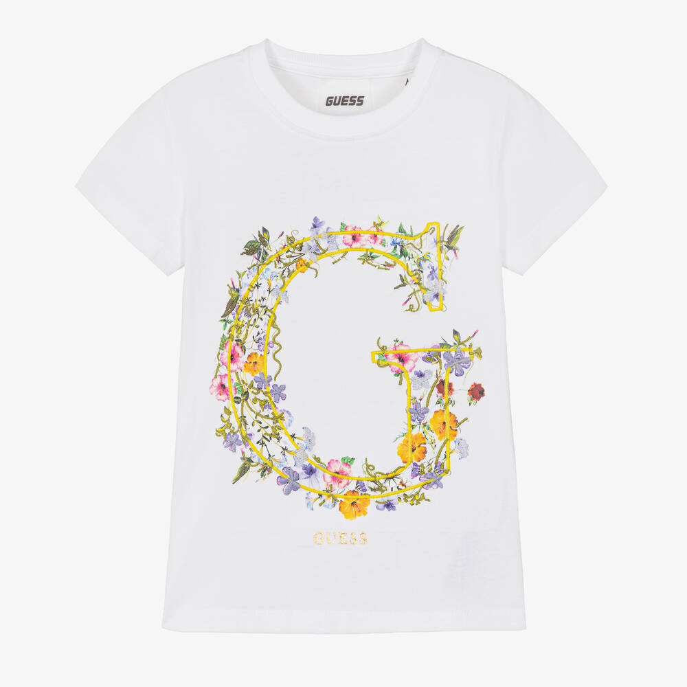 Guess - Girls White Cotton Floral T-Shirt | Childrensalon