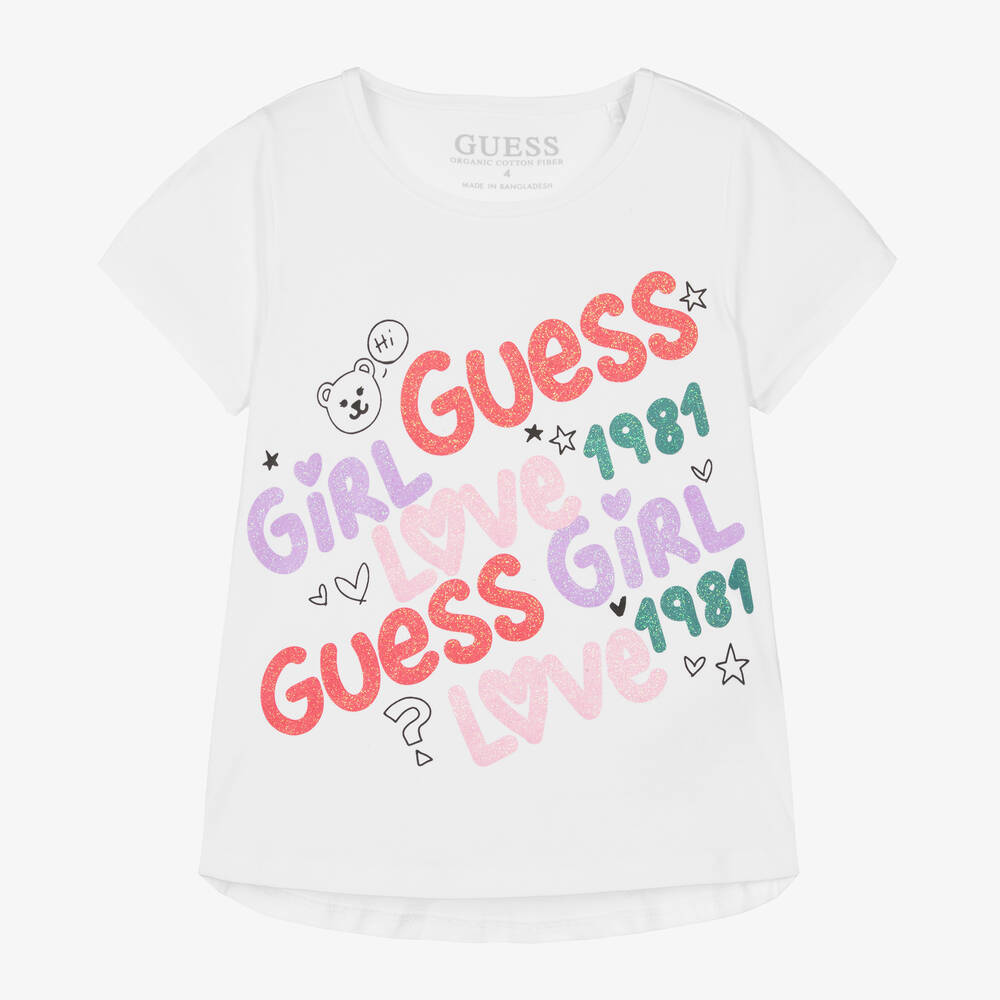 Guess-Girls White Cotton Glitter T-Shirt | Childrensalon Outlet