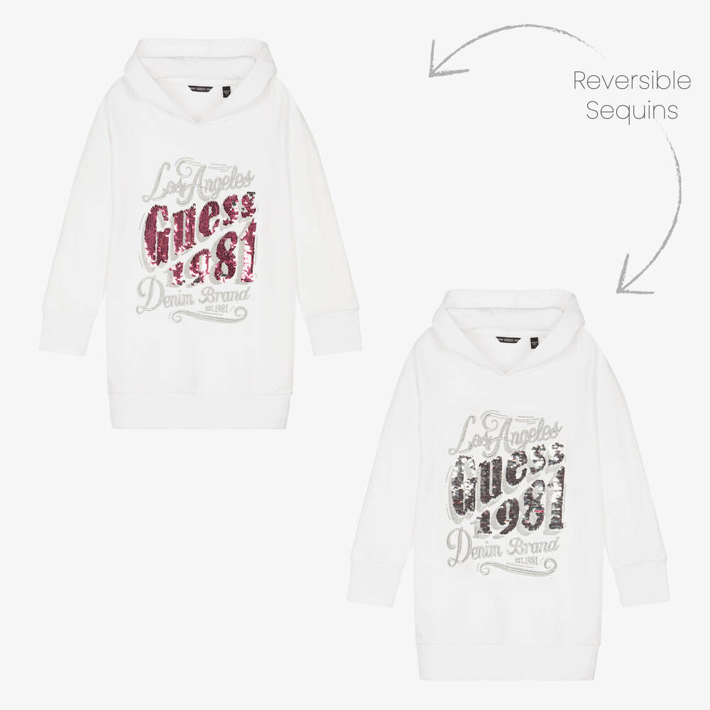 Guess - Girls White Cotton Hoodie Dress | Childrensalon