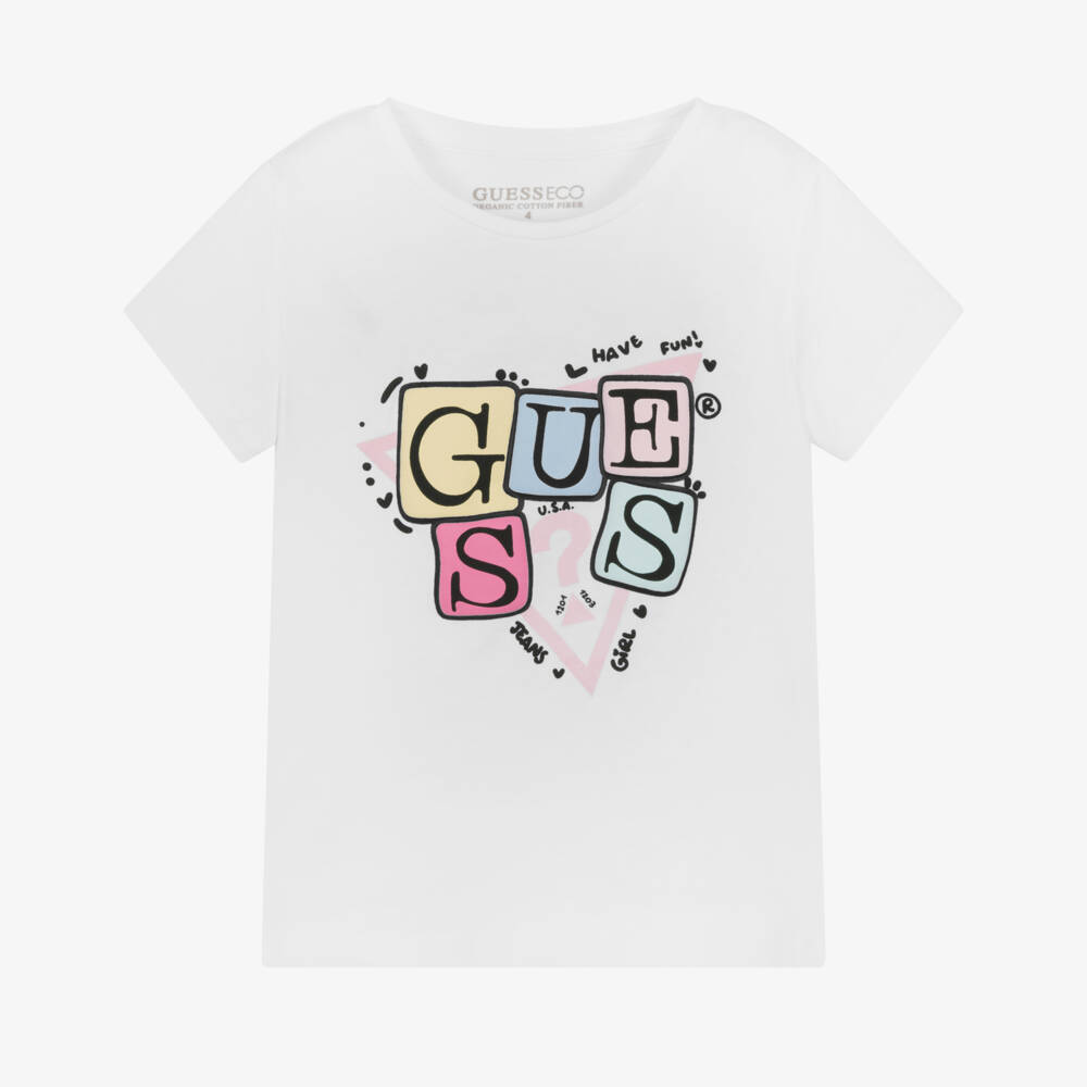 Guess-Girls White Cotton Logo Block T-Shirt | Childrensalon Outlet