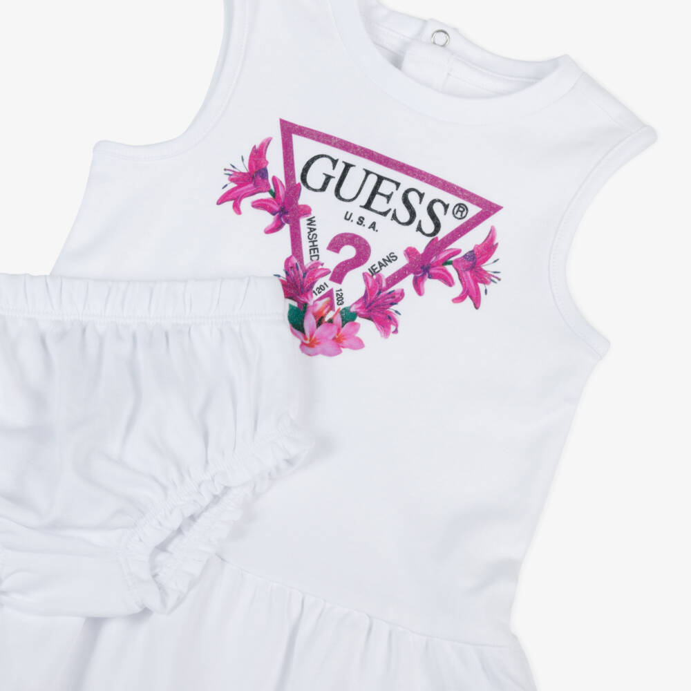 Guess-Girls White Cotton Logo Dress | Childrensalon Outlet