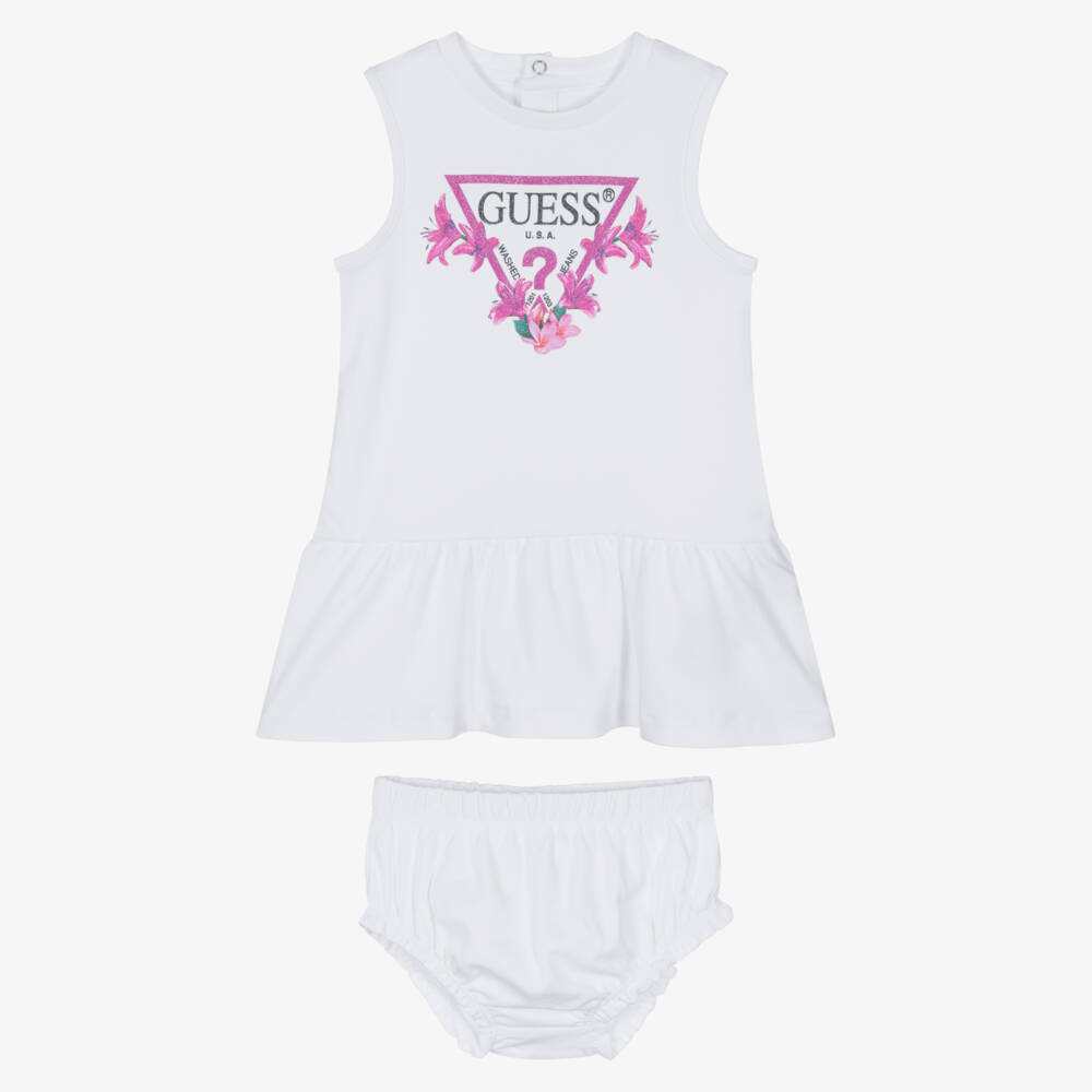 Guess-Girls White Cotton Logo Dress | Childrensalon Outlet