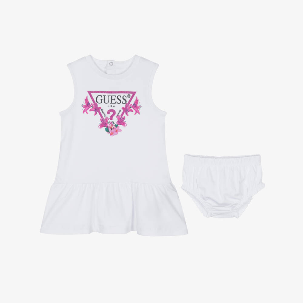 Guess-Girls White Cotton Logo Dress | Childrensalon Outlet