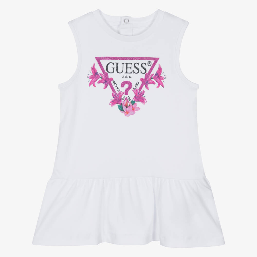 Guess-Girls White Cotton Logo Dress | Childrensalon Outlet