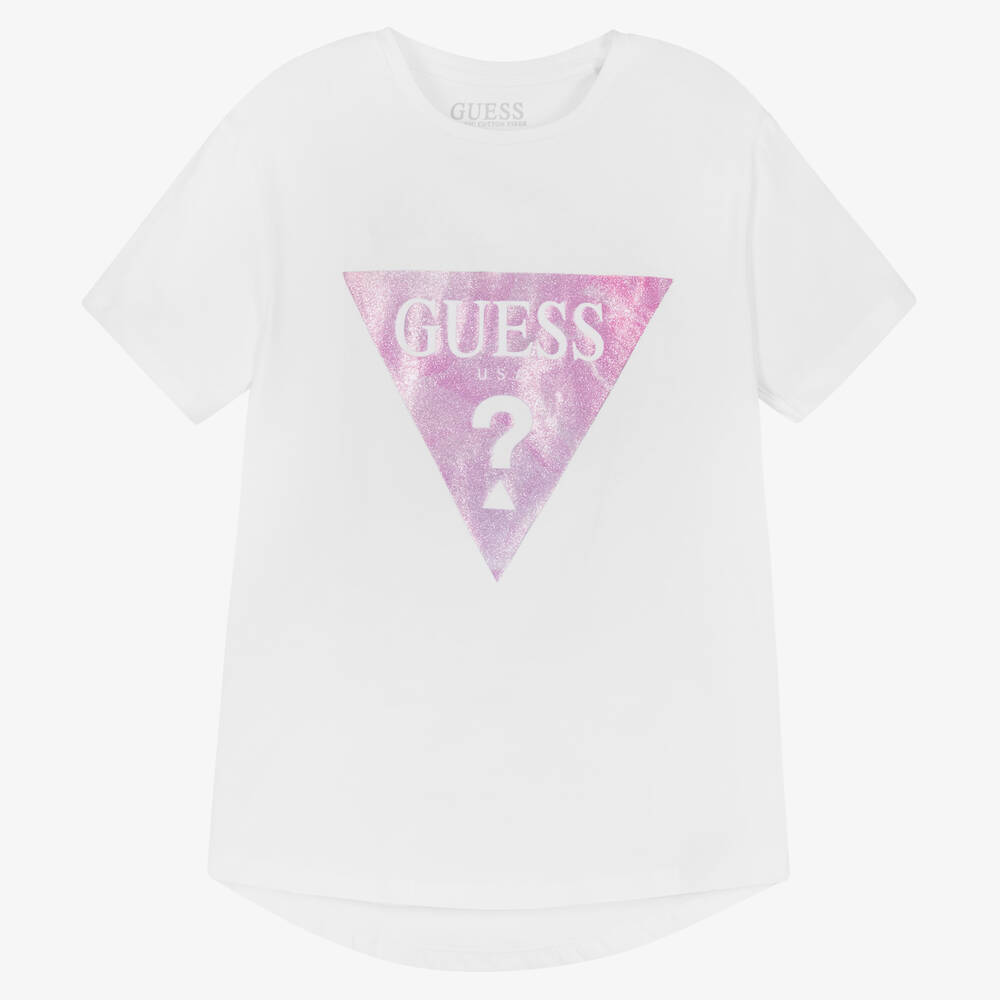 Guess - Girls White Cotton Logo T-Shirt | Childrensalon
