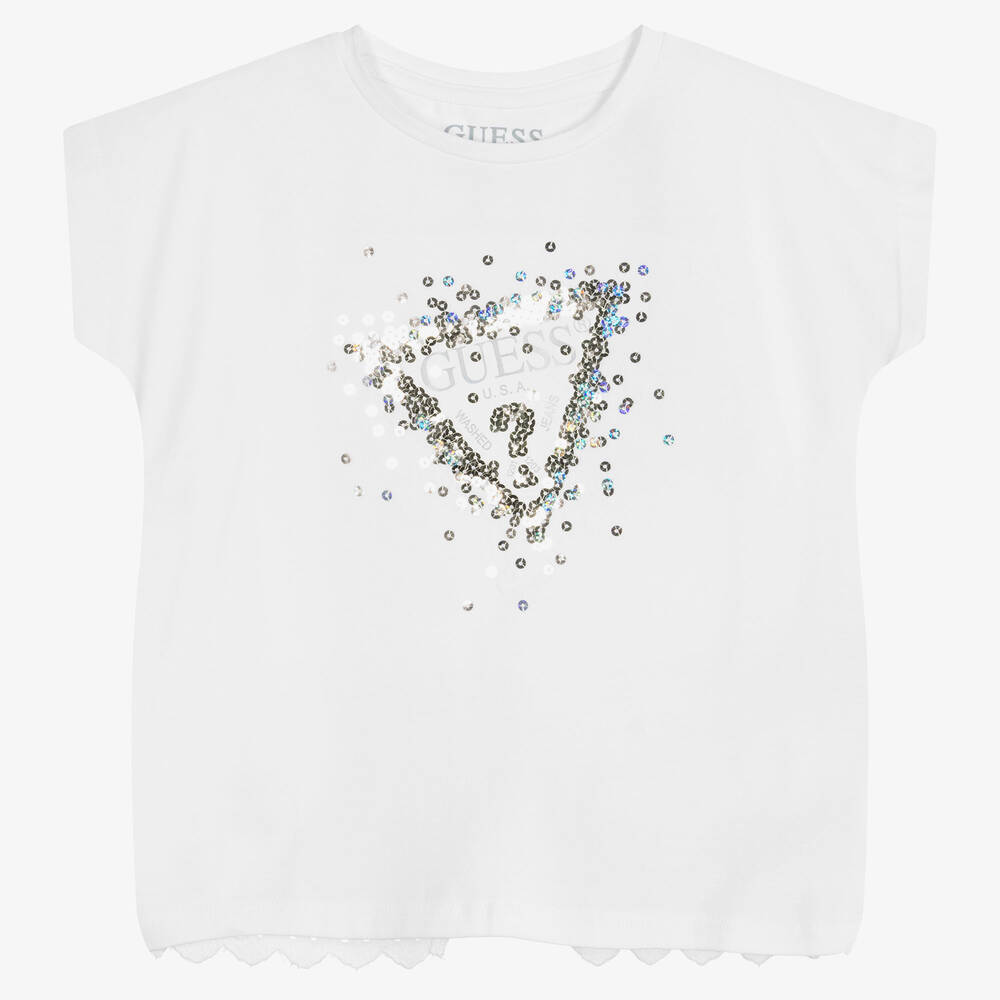 Guess - Girls White Cotton Sequin Logo T-Shirt | Childrensalon