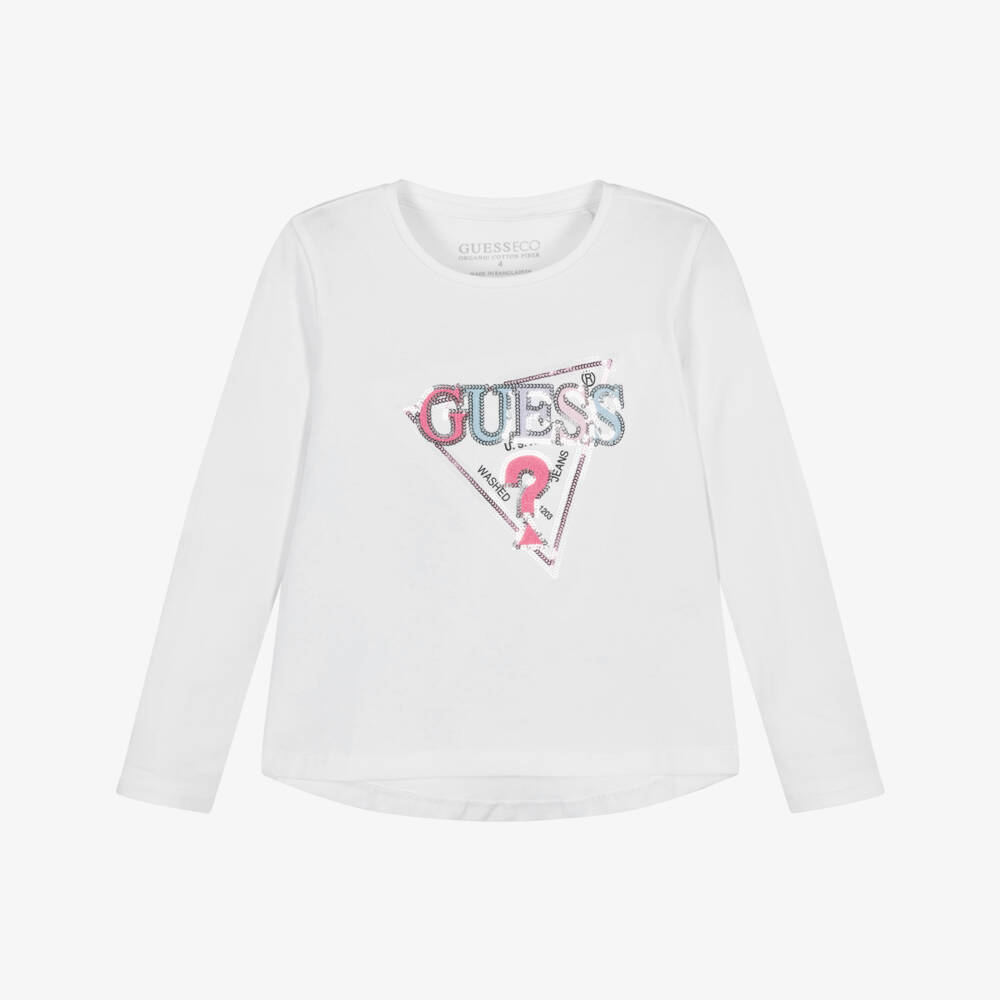Guess-Girls White Cotton Sequin Logo Top | Childrensalon Outlet