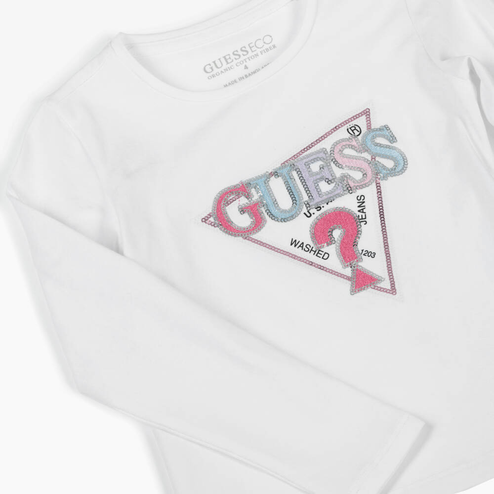 Guess-Girls White Cotton Sequin Logo Top | Childrensalon Outlet