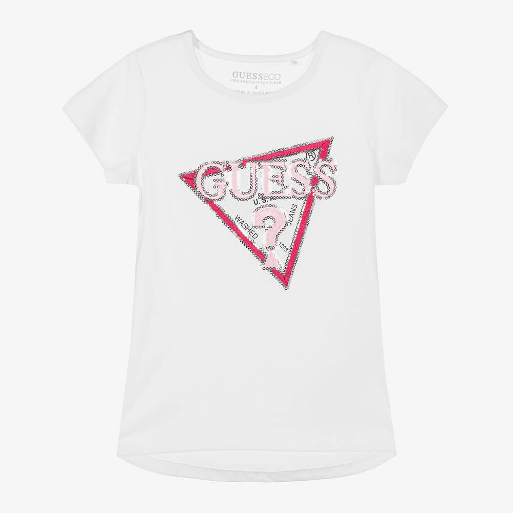 Guess-Белая хлопковая футболка с пайетками для девочек | Childrensalon Outlet