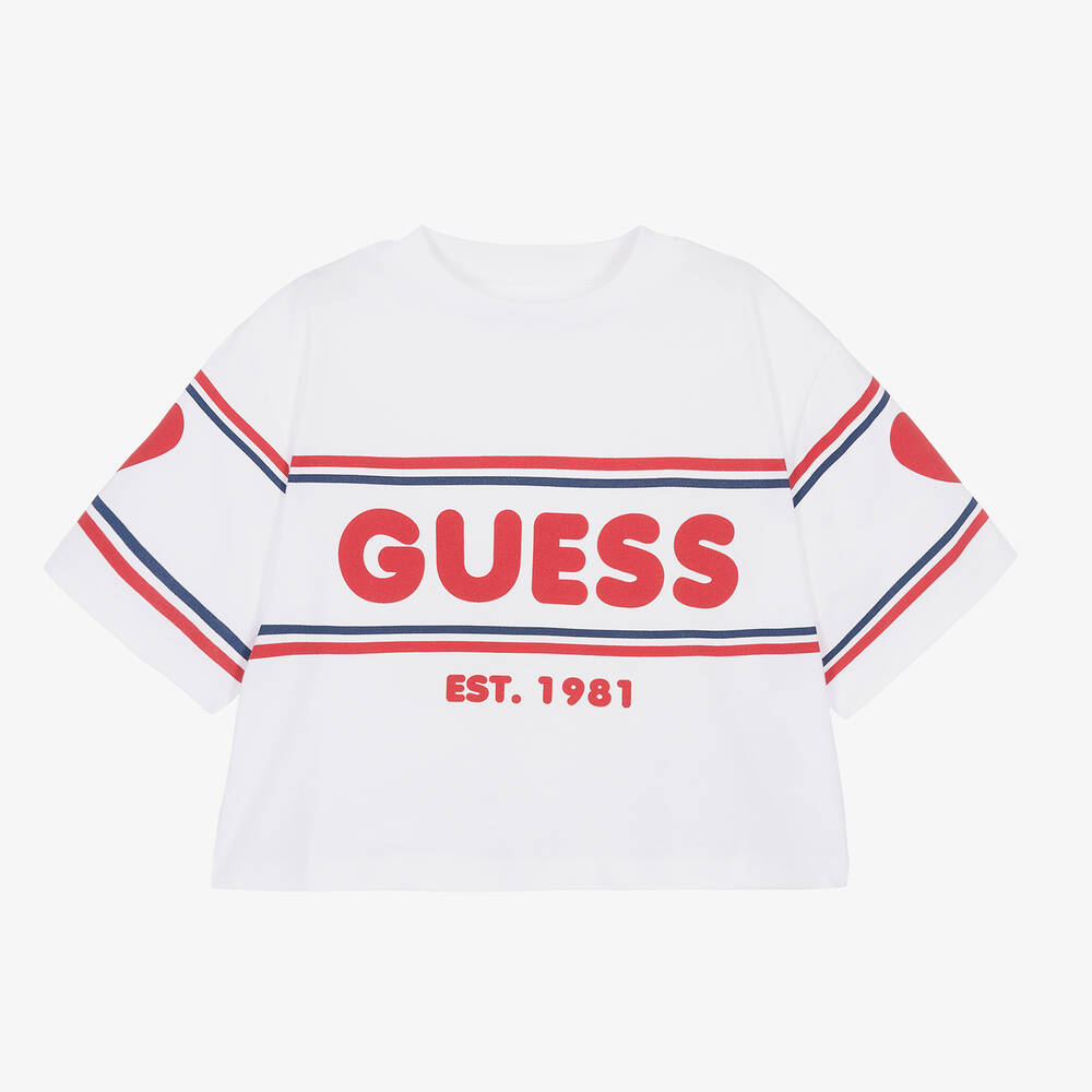 Guess - Girls White Cotton T-Shirt  | Childrensalon