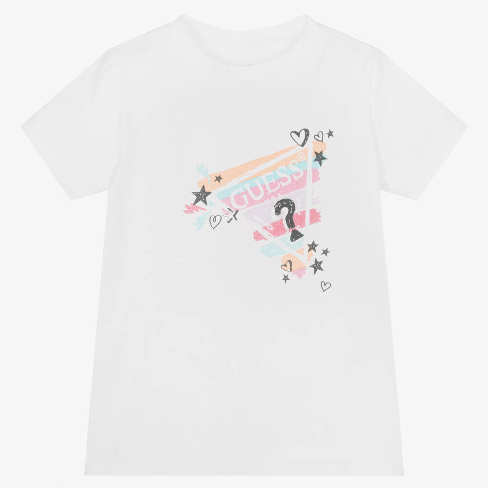 Guess - Girls White Cotton Triangle T-Shirt | Childrensalon