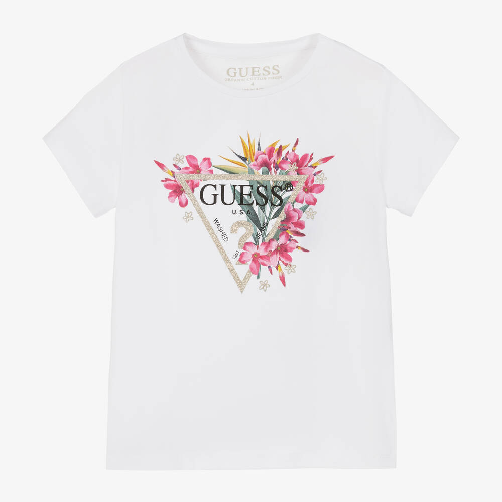 Guess-Girls White Floral Cotton T-Shirt | Childrensalon Outlet