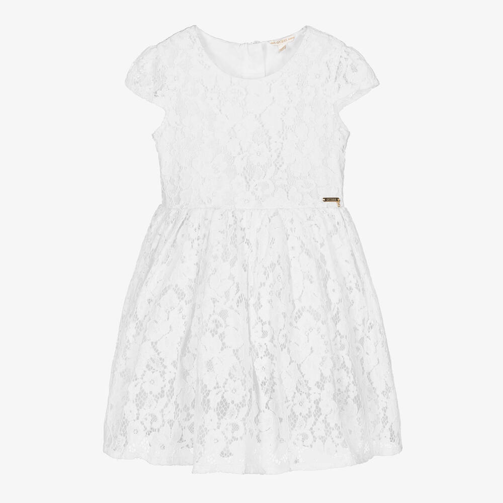 Guess - فستان قطن دانتيل لون أبيض بطبعة ورود | Childrensalon