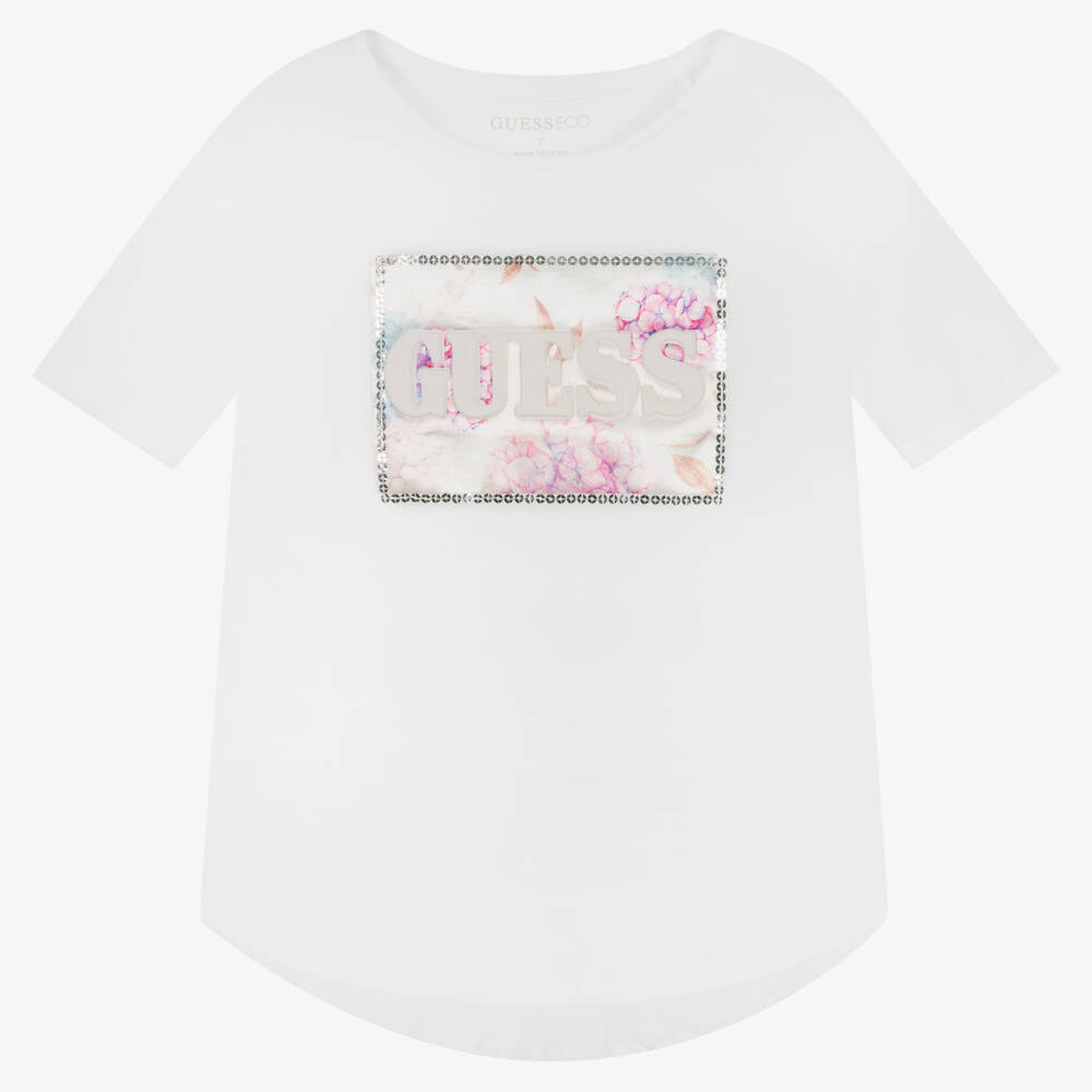 Guess - Girls White Floral Logo T-Shirt | Childrensalon