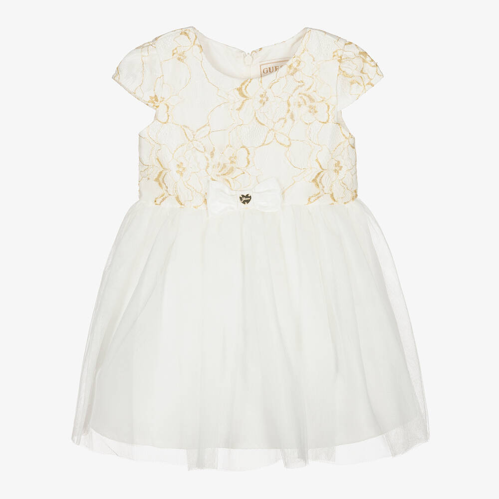 Guess - Weißes Kleid mit goldener Spitze | Childrensalon
