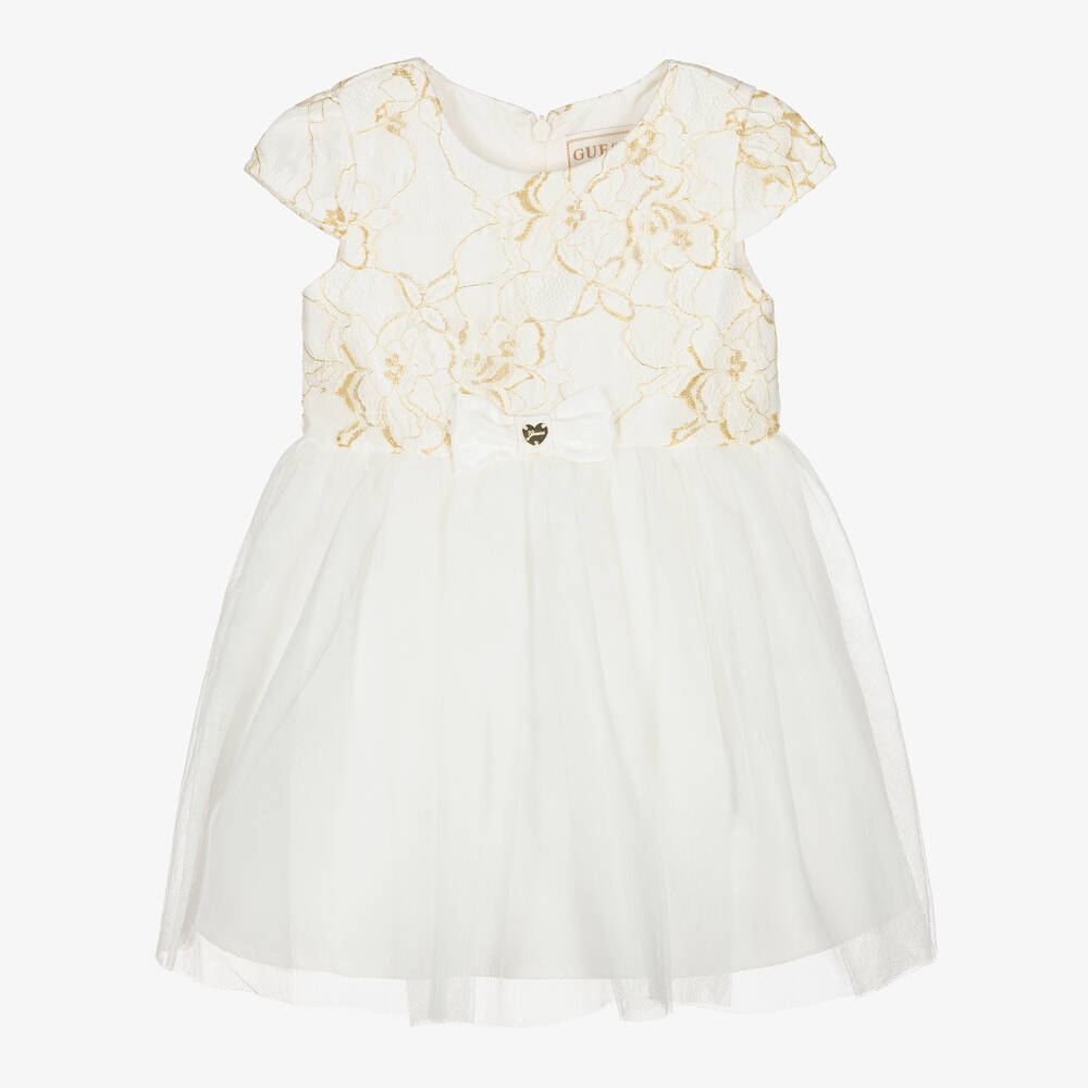 Guess - Robe blanche dorée à dentelle fille | Childrensalon