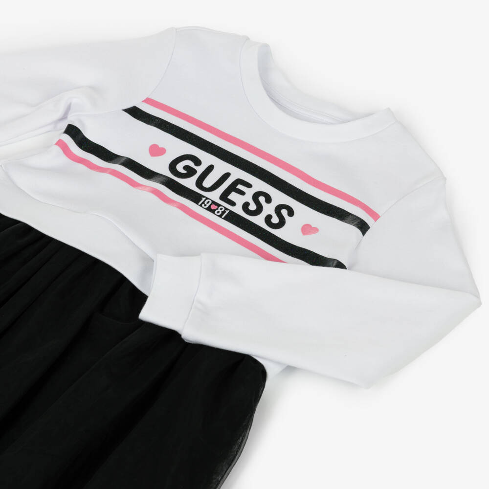 Guess-Girls White Jersey Black Tulle Dress | Childrensalon Outlet