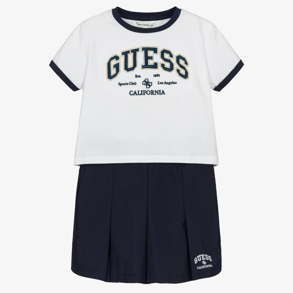 Guess-Girls White Logo Shirt & Navy Blue Skort | Childrensalon Outlet