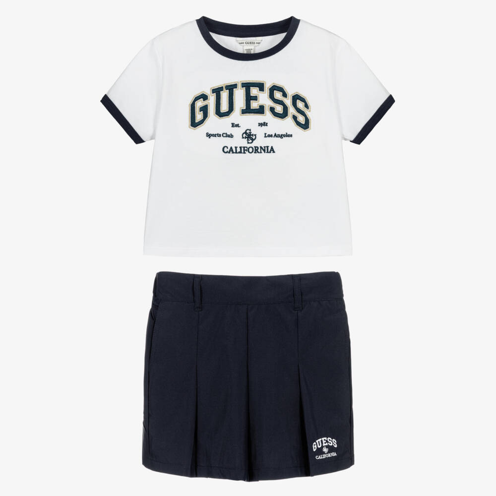 Guess-Girls White Logo Shirt & Navy Blue Skort | Childrensalon Outlet
