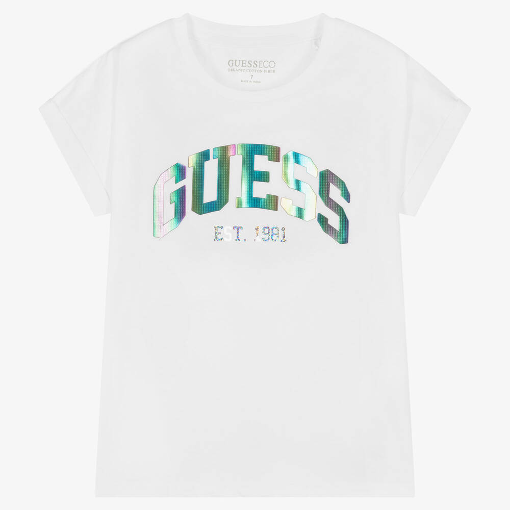 Guess - Girls White Metallic Logo T-Shirt | Childrensalon