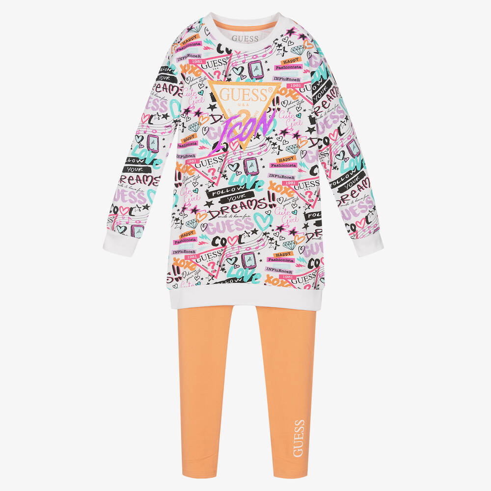 Guess - Белый топ и оранжевые легинсы | Childrensalon