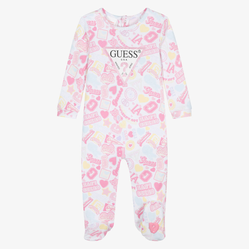 Guess-Girls White & Pink Cotton Graphic Print Babygrow | Childrensalon Outlet