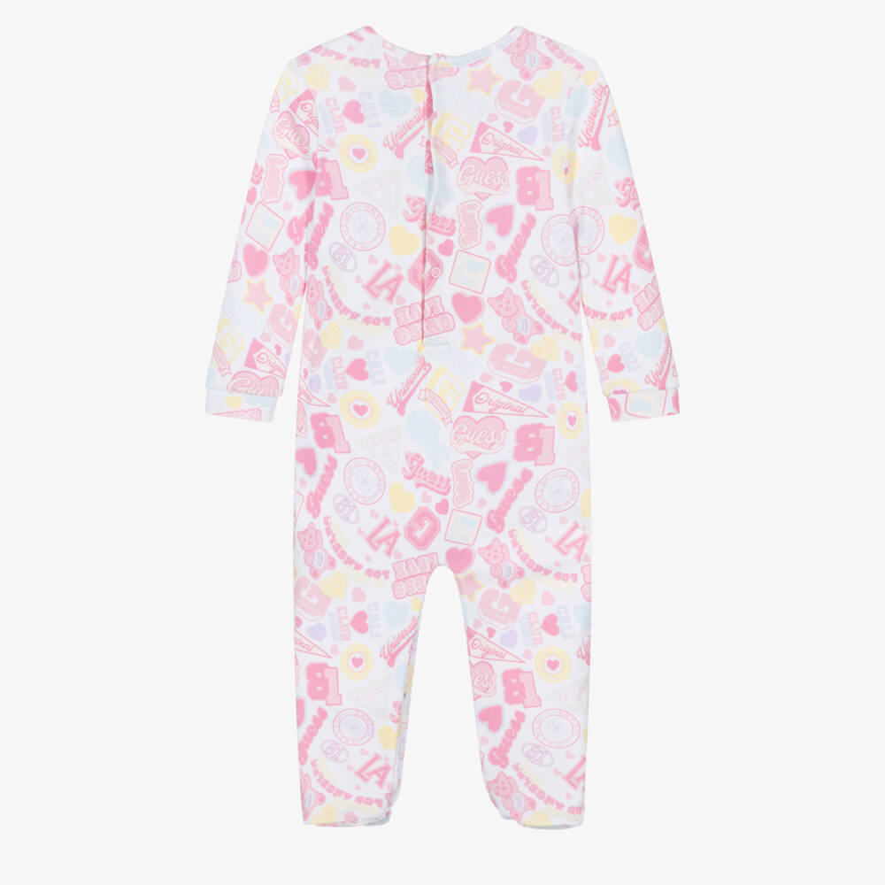 Guess-Girls White & Pink Cotton Graphic Print Babygrow | Childrensalon Outlet