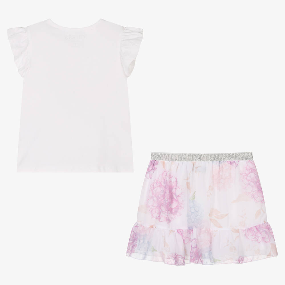 Guess-طقم تنورة قطن وشيفون لون أبيض وزهري | Childrensalon Outlet