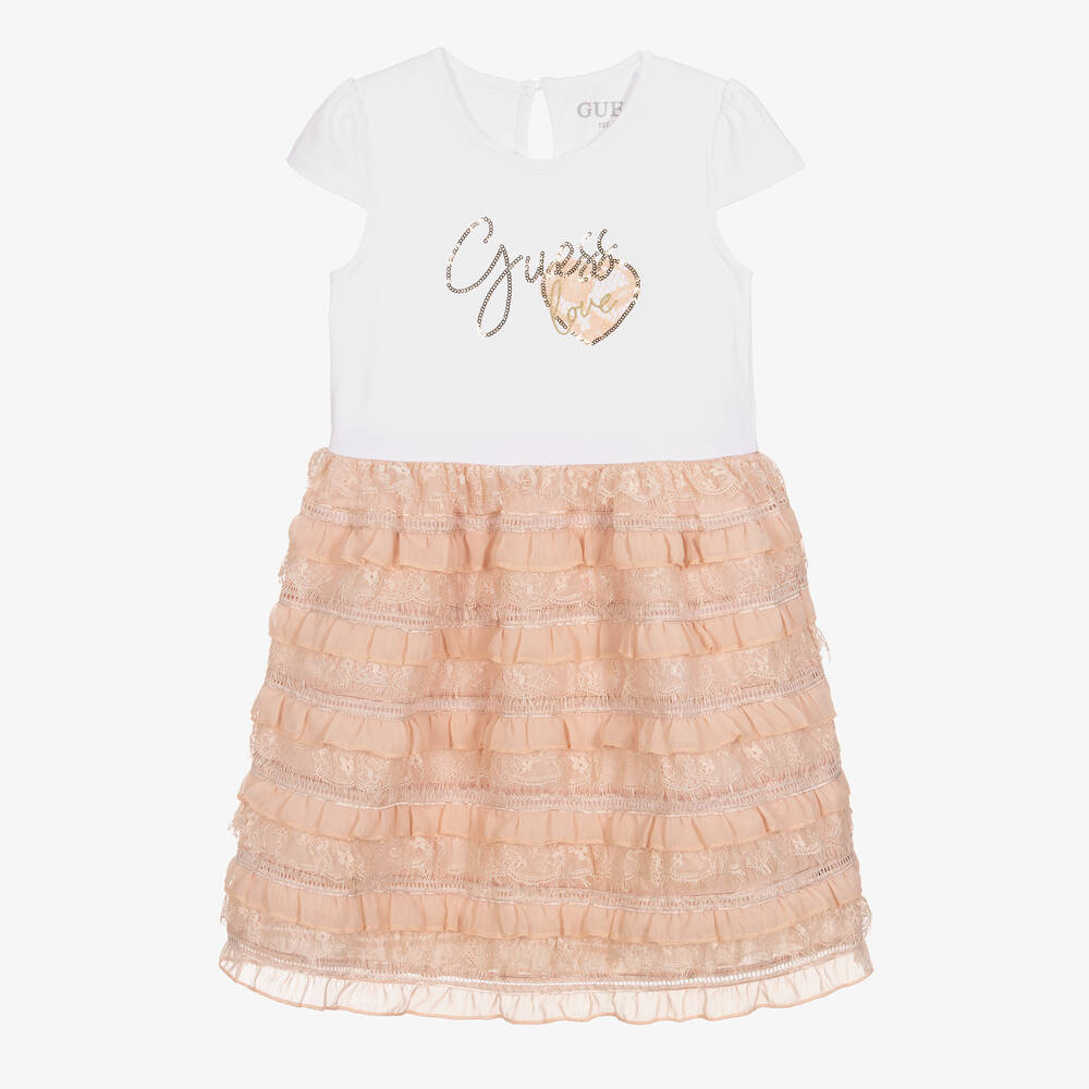 Guess - فستان تنورة قطن جيرسي وشيفون لون أبيض وزهري | Childrensalon